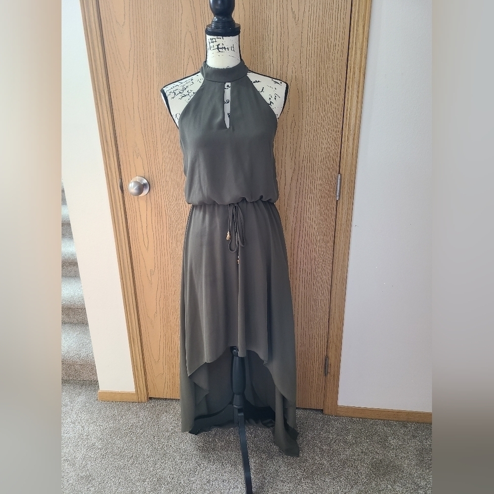 City Studio Olive Green Tie Waist High Neck Halter Keyhole High Low Dress